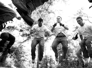 Football players jumping